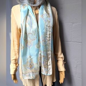 Talbot's 100% Silk Scarf Pastel Blue Paisley Rolled Edges Lightweight
